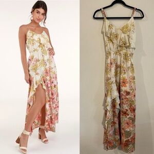 Billabong Women Maxi Dress Medium Cream & Pink Floral Cotton Ruffle Resortwear